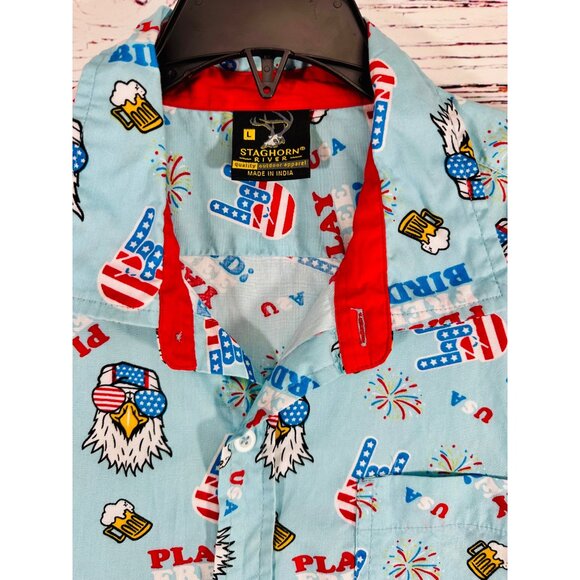 Staghorn Mens Patriotic Play Free Bird Button Up Shirt Size L July 4th America - Picture 6 of 13
